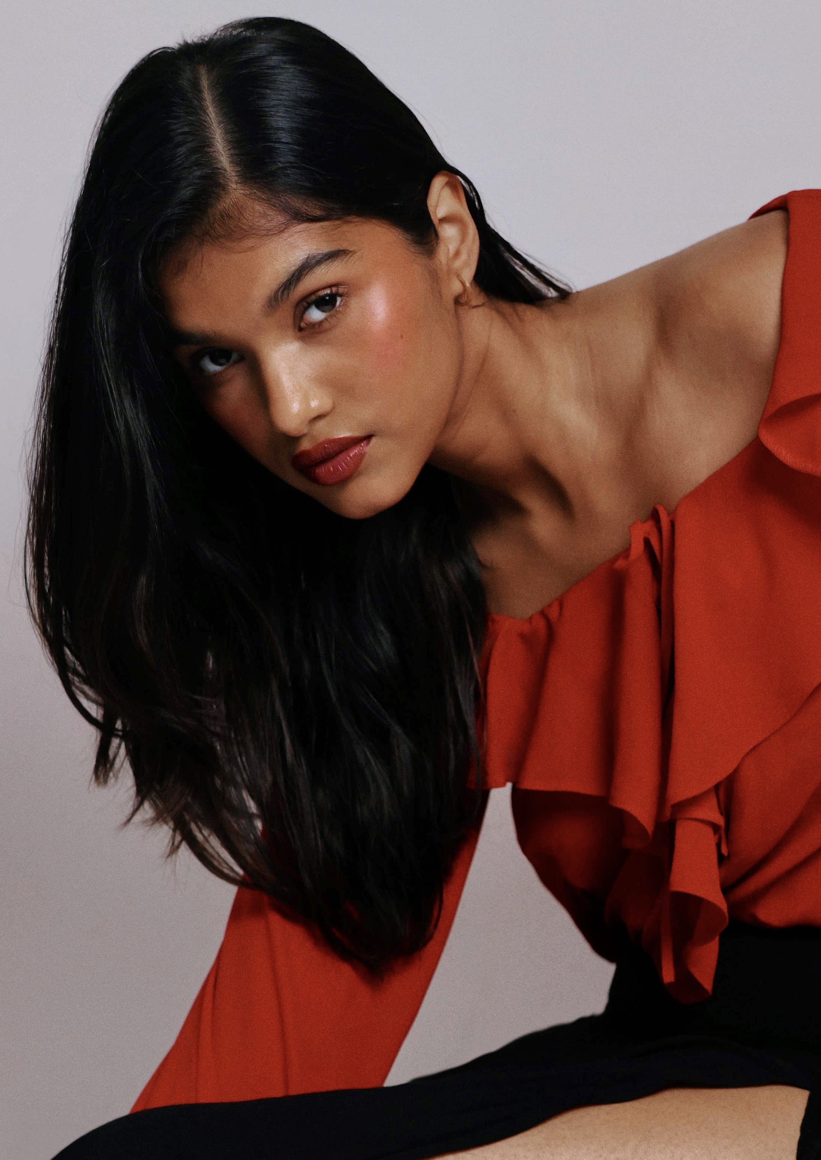 Woman in red shirt